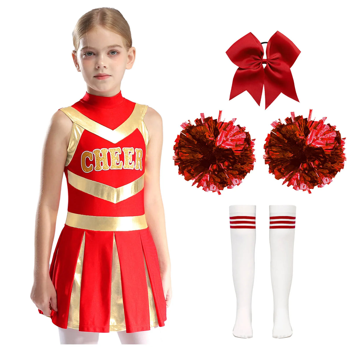 Kids Girl Cheerleading Dance Performance Costume Sleeveless Leotard Dress for School Show Sports Meeting Halloween Cosplay Party
