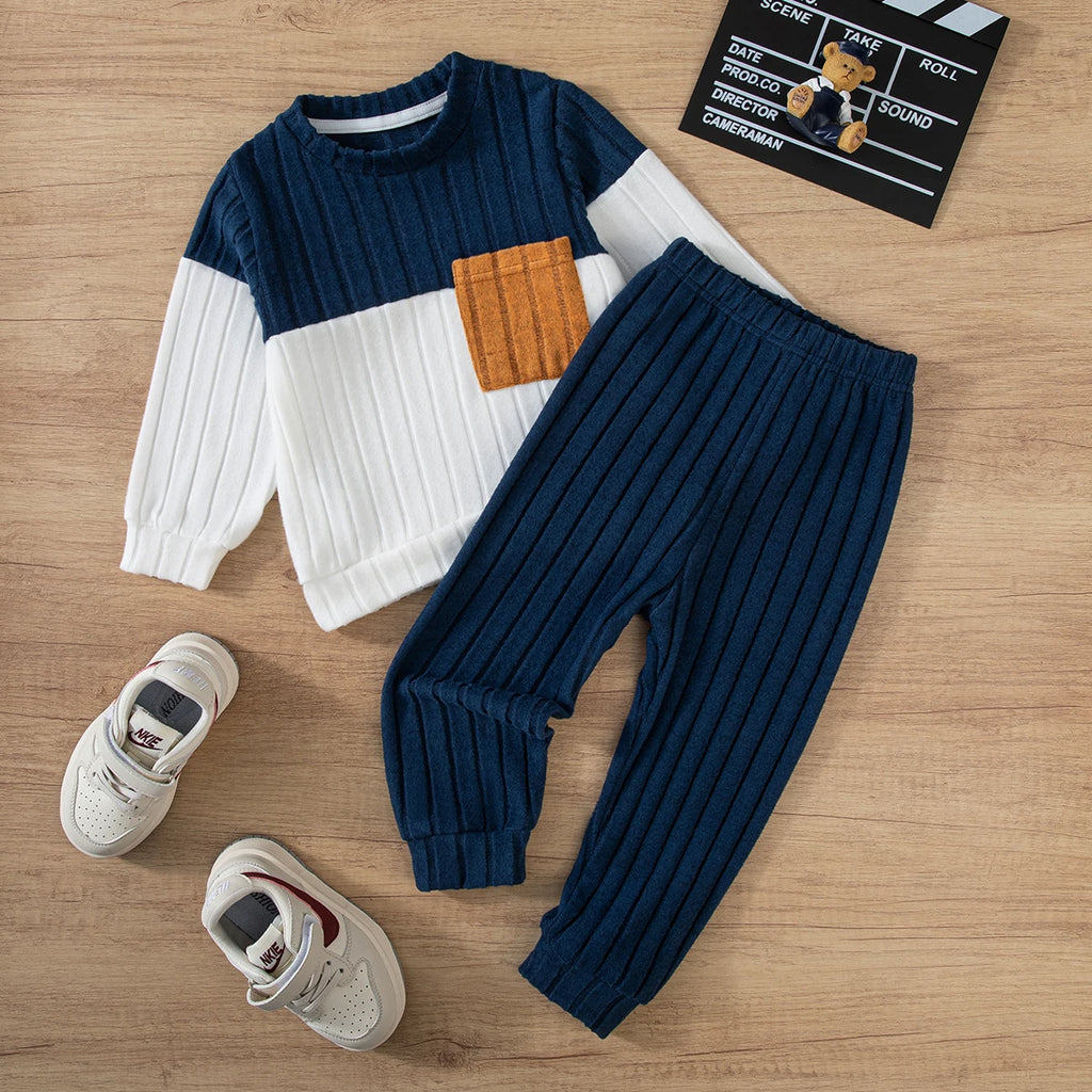 2025 Boys Autumn Winter Long Sleeve sweater suits Solid Color Block Pants Set Kids Outfit Casual Comfortable Clothing