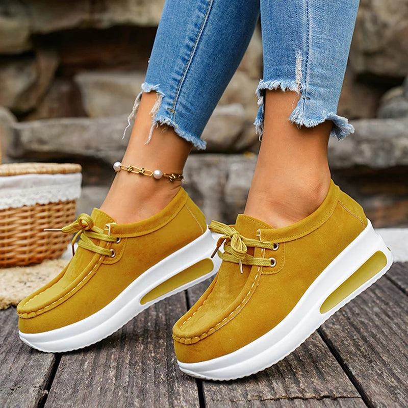 Basic Color Platform Loafers for Women 2026 Spring Light Thick Sole Wedge Sneakers Woman Plus Size Lace Up Non Slip Casual Shoes