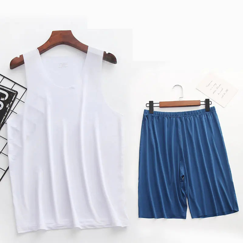 Mens Ice Silk T-Shirt & Short Pants 2Pcs Pijamas Sleep Set Ultra-thin Homewear Clothing Summer Pyjamas Sleepwear Nightwear Suit