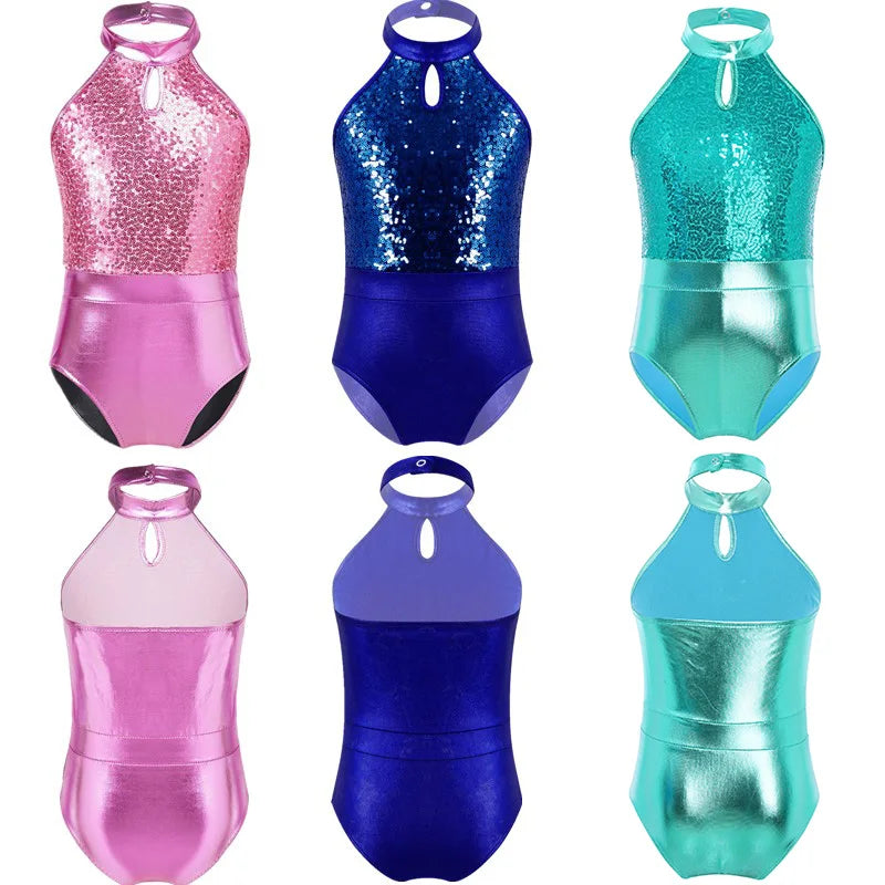 Kids Dance Wear Gymnastics Leotard For Girls Ballet Clothes Sequins Splice Metallic Gymnastics Bodysuit Children Dance Jumpsuit