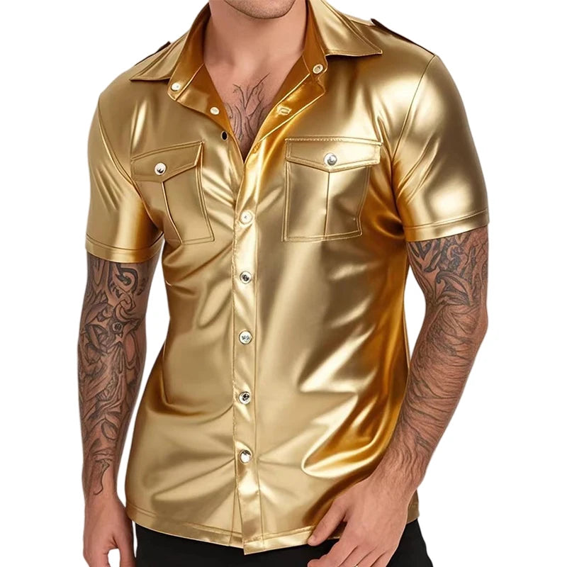 Men Fashion Faux Leather Shirts Short Sleeve PU Leather T-Shirt Street Style Button-Up Jacket Party Nightclub Dance Tops