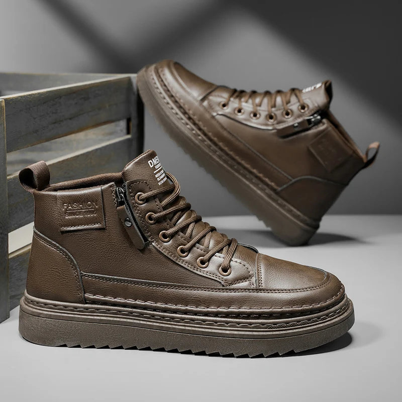 Men Boots Autumn Leather Waterproof Mid-top Sports Shoes New Fashion Ankle Boots Casual Outdoor Hiking Boots Shoes Male Sneakers