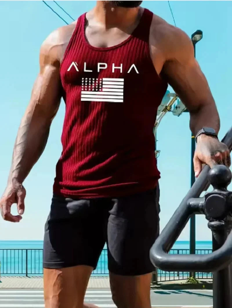New Fitness Sports Tank Top Men's Sleeveless Summer Knitted Vertical Striped Casual Slimming Men's Sports Tank Top