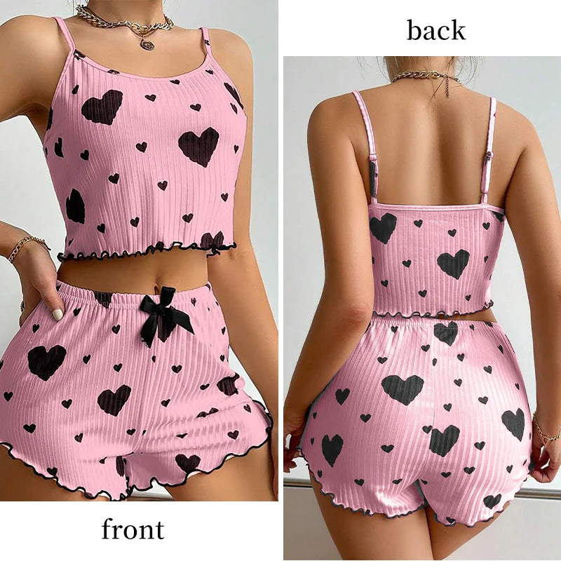 Teen girl Pajamas Set Sleepwear 2 PCS Short Tank Tops And Shorts S M L White Ventilate Soft Casual Love Printing