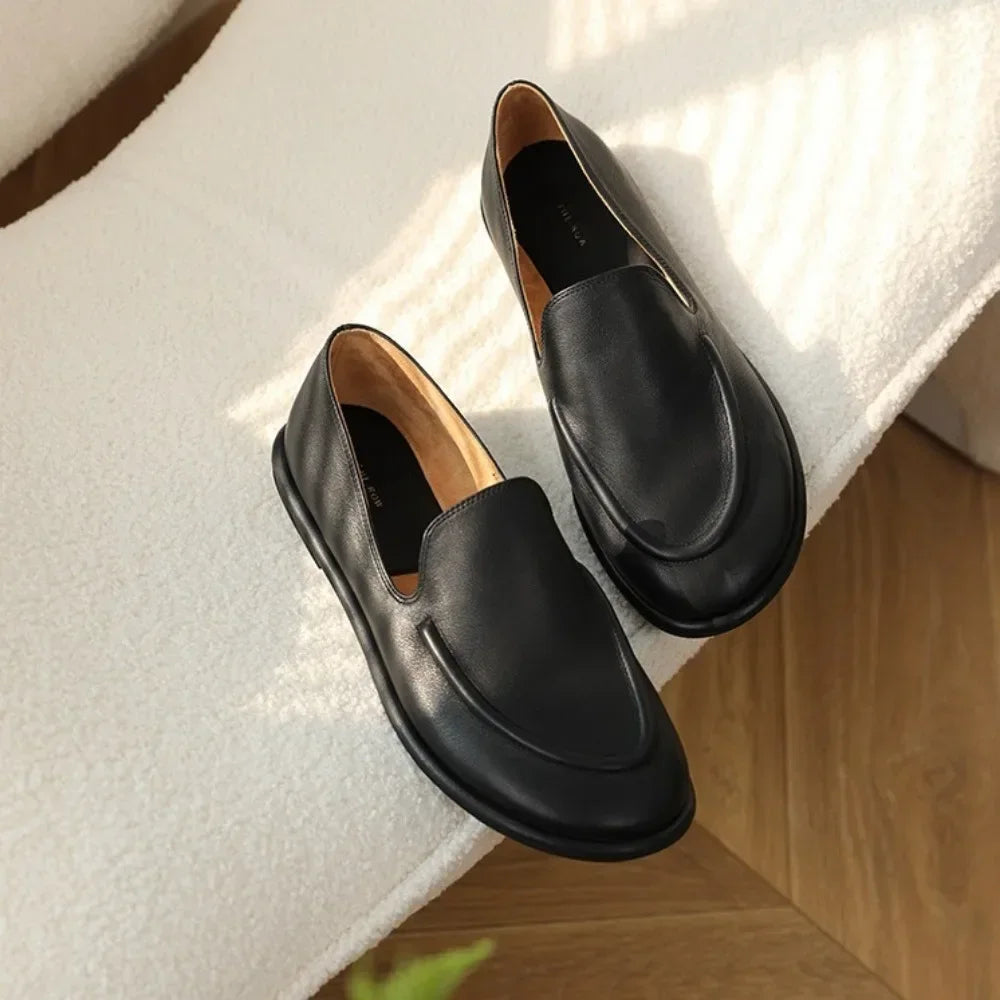 Loafers Women Flat Shoes 2026 New Spring Round Toe One Foot Slip-on Shoes Women Genuine Leather Soft Flats Shoes Women zapatos