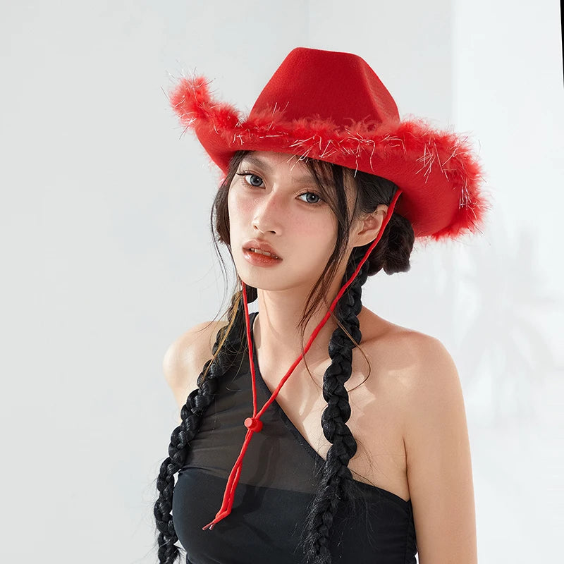 Women'S Western Cowboy Hat  Adult Solid Color Fur Trimmed Wide Brimmed Hat  Yuppie Gentleman Style Date Party Women'S Hat