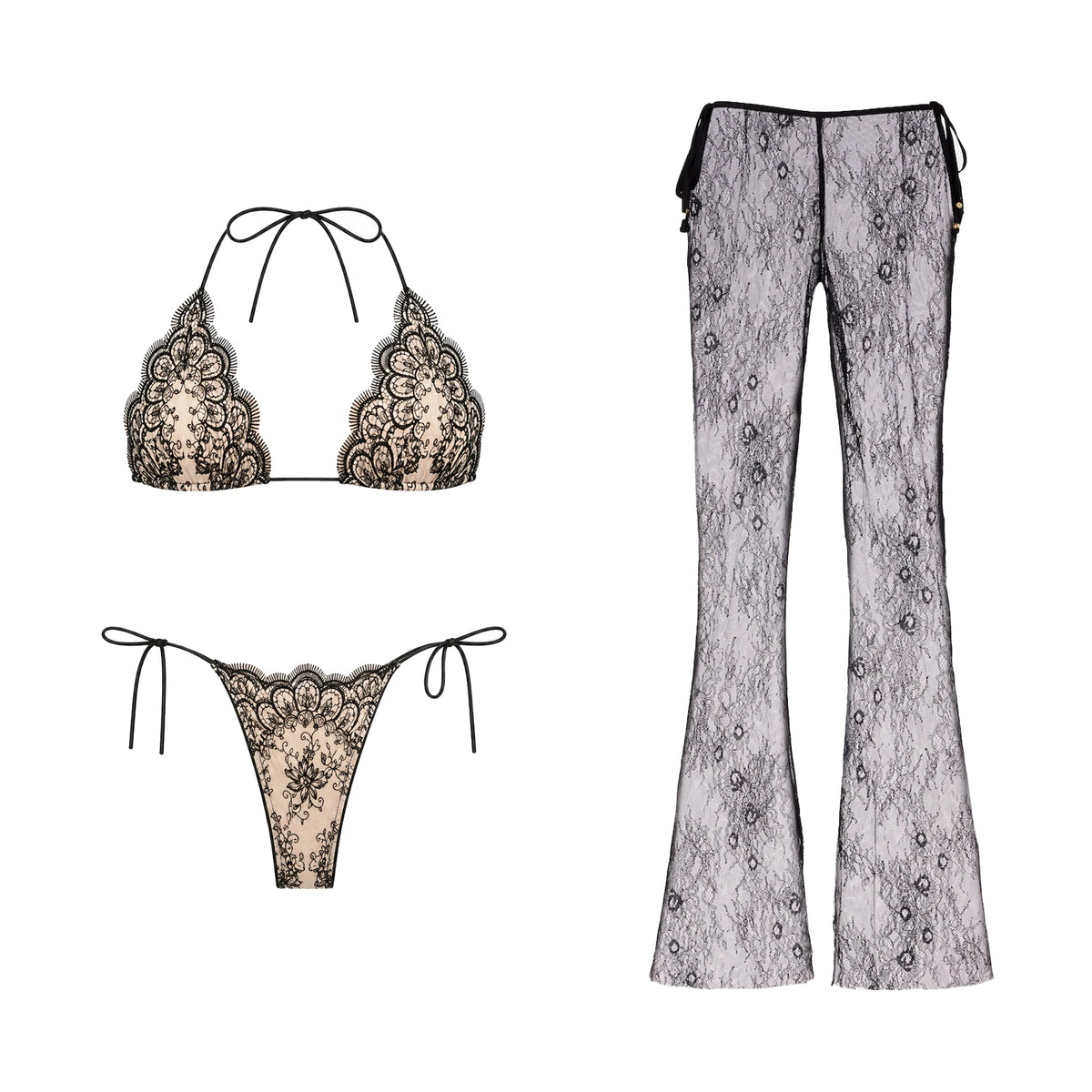 Mesh Bikini with Pants Swimsuit Brazilan Bikini Set Swimwear for Women Lace Halter Shirring 3 Pcs Bathing Suits Summer Female