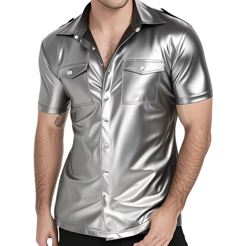 Men Fashion Faux Leather Shirts Short Sleeve PU Leather T-Shirt Street Style Button-Up Jacket Party Nightclub Dance Tops