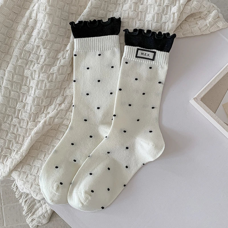 Socks For Women New Dots Cute Frilly Casual Fashion Long Socks Breathable Preppy Style Ladies Novelties Socks Cotton Soft Comfy