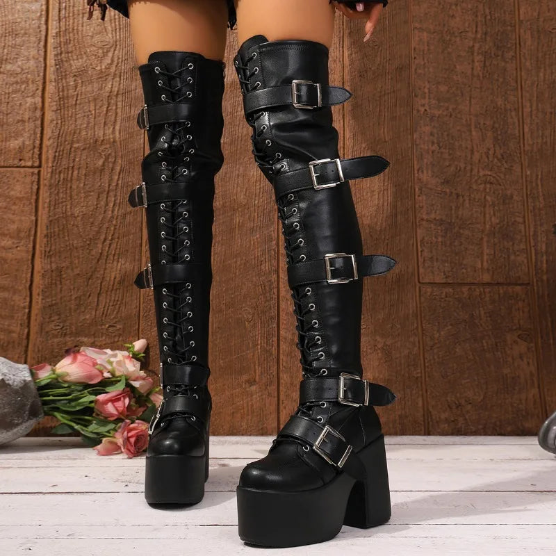 Fashion Boots Women Autumn and Winter New Niche Round Toe Platform Lace-up Buckle Women's Long Boots