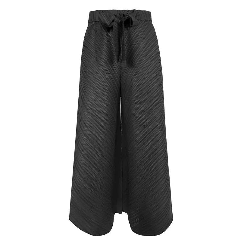 Miyake Pleated Wide Leg Loose Pants Stitching Casual Big Trousers Women Summer Dubai Designer Fashion Belt Aesthetic Clothes