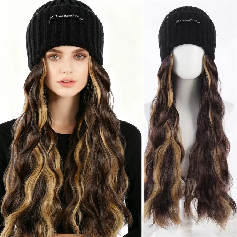 Synthetic Hat Wig for Women Girls, 22 Inch Long Wavy Integrated Wig with Black Knit Beanie Hat, Winter Daily Wear Hair Accessory