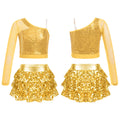 Kids Girls Dance Dresses Latin Jazz Modern Dance Show Costume Sequin Long Sleeve Crop Tops and Skirted Culottes Cheer Dancewear