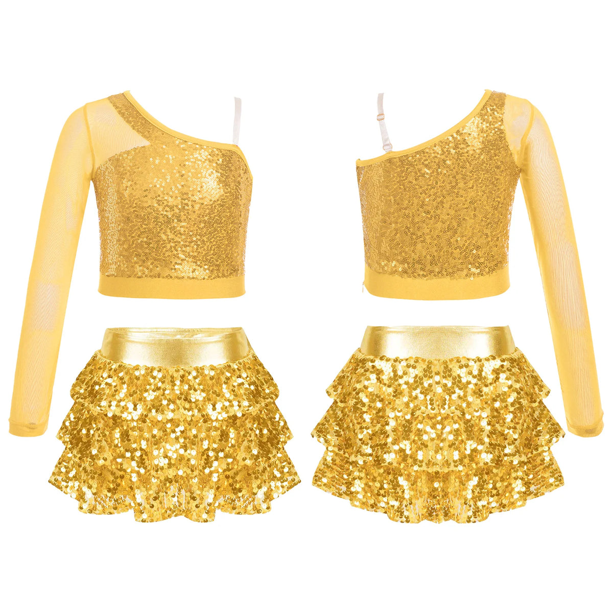 Kids Girls Dance Dresses Latin Jazz Modern Dance Show Costume Sequin Long Sleeve Crop Tops and Skirted Culottes Cheer Dancewear