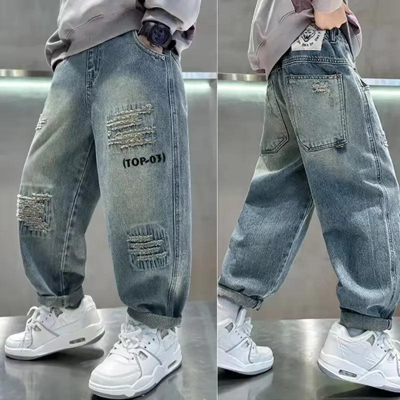 Boys Fashion Jeans Autumn Children Denim Loose Pants Teenager Spring Baggy Trousers New Kids Casual Handsome Clothing 4-12Y