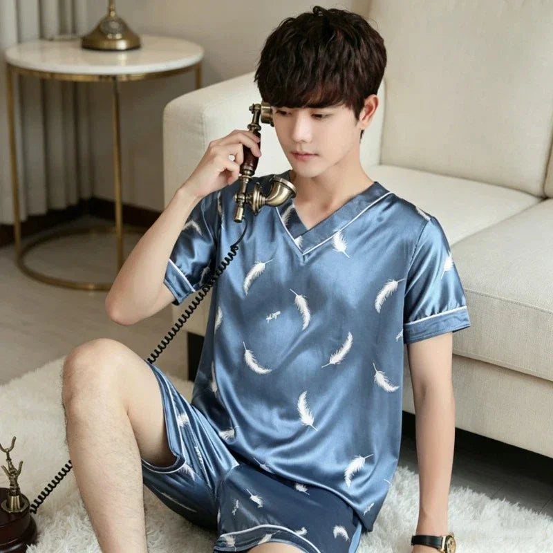 Plus Size Men's Pajamas Set Summer New Fashion Print Men's Sleepwear V-Neck Short Sleeve Shorts Homewear 2026 Casual Cool