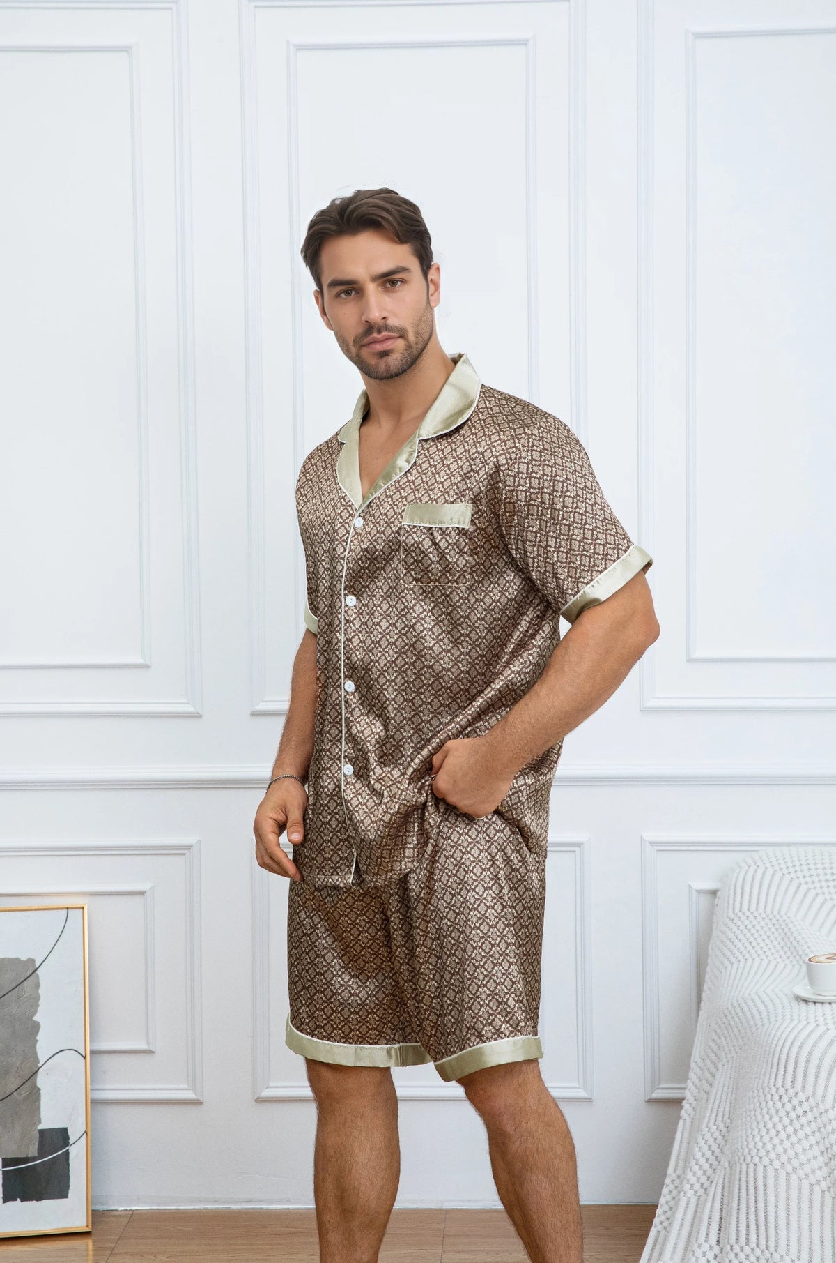 Men's Vintage Print Satin Pajama Set, Short Sleeve Button-Down Shirt & Shorts, Casual Loungewear Set Pajamas for Men Pijama
