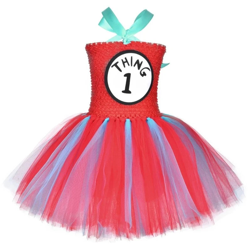 Thing 1 and Thing 2 Costumes Kids Sky Blue Red Tulle Tutu Dress Up Clothes Toddler Girls Halloween Birthday Party Princess Dress