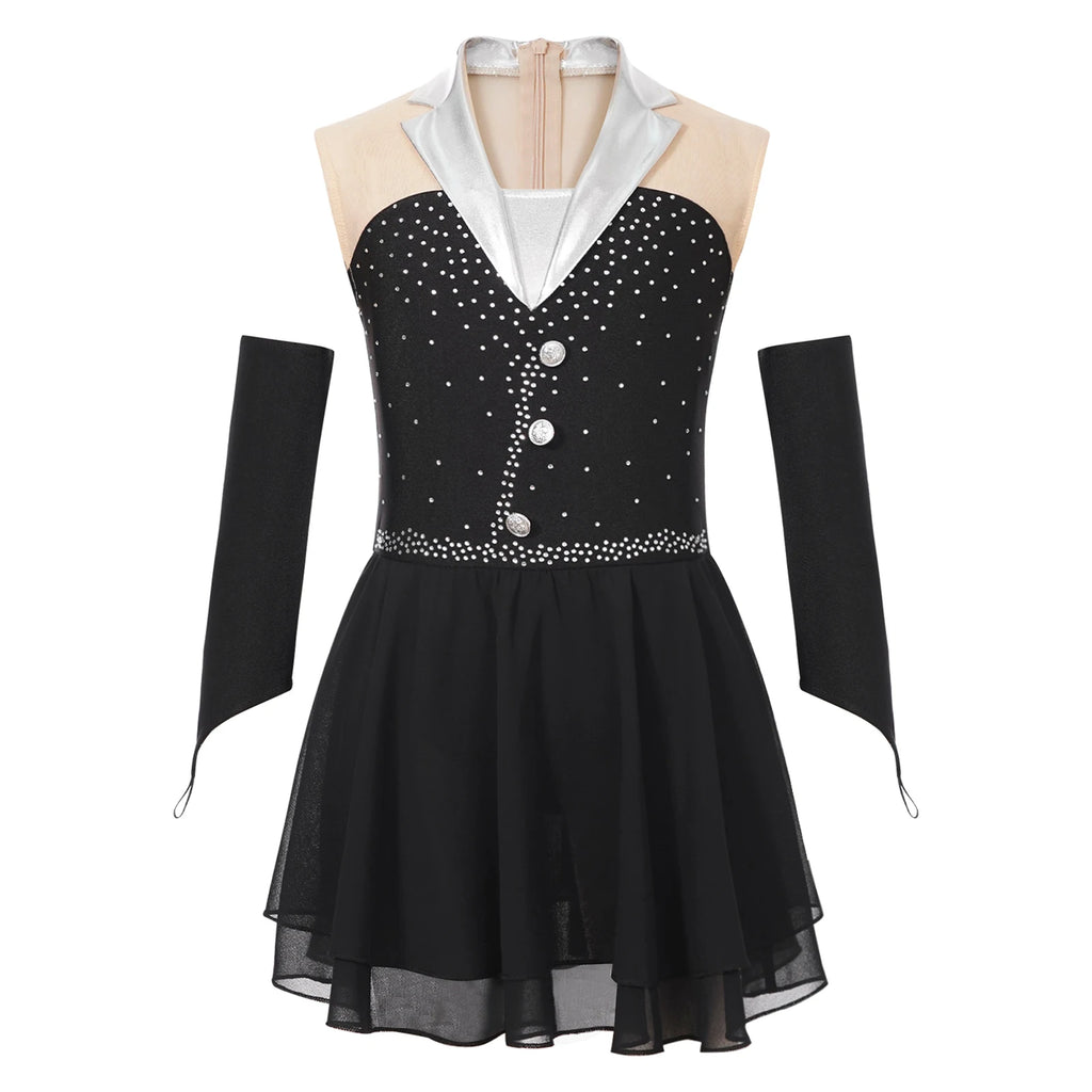 Kids Girls Shiny Ballet Skating Tuxedos Leotard Dress with Gloves Children Lyrical Dance Costumes Latin Cha-cha Stage Dancewear