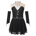 Kids Girls Shiny Ballet Skating Tuxedos Leotard Dress with Gloves Children Lyrical Dance Costumes Latin Cha-cha Stage Dancewear