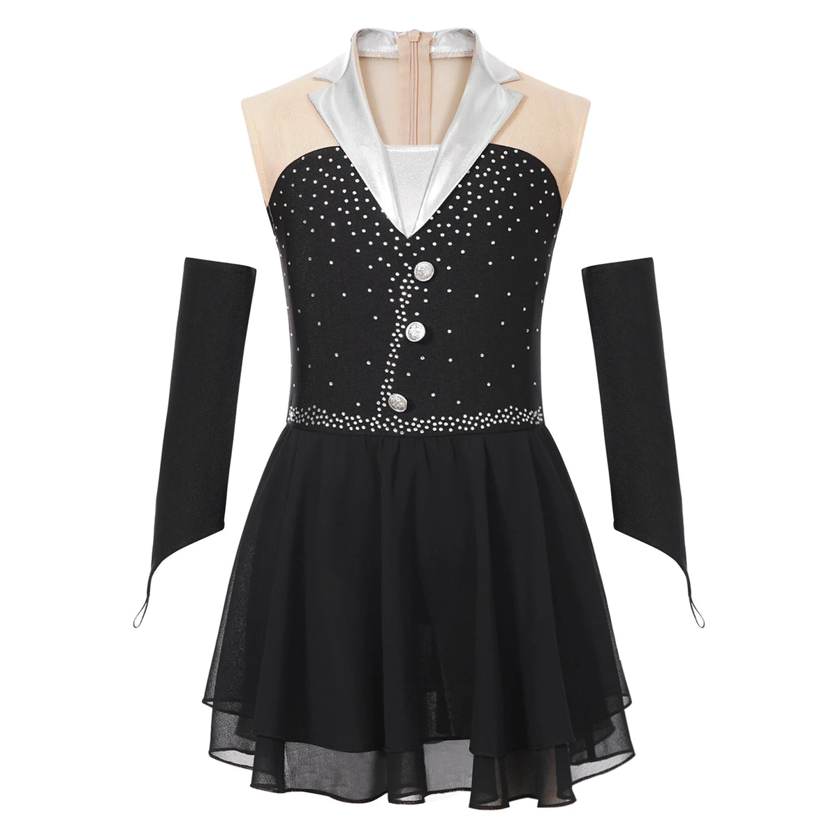 Kids Girls Shiny Ballet Skating Tuxedos Leotard Dress with Gloves Children Lyrical Dance Costumes Latin Cha-cha Stage Dancewear