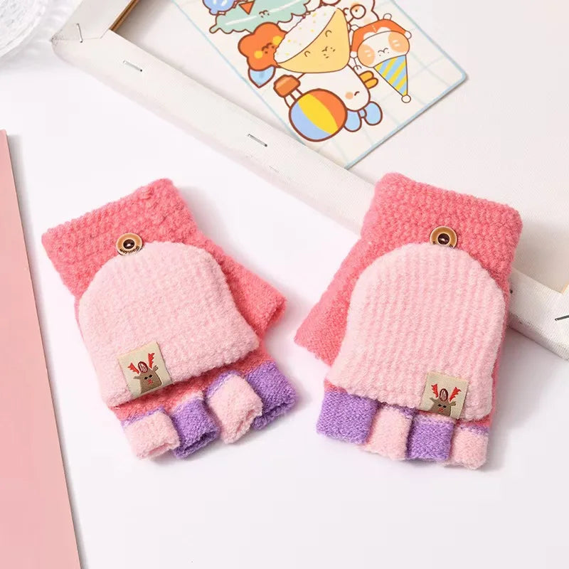 Children's Warm Gloves for Boys and Girls Cartoon Cute Half Finger Knitted Winter Flip Cover Baby Thick Cold Proof Five Fingers
