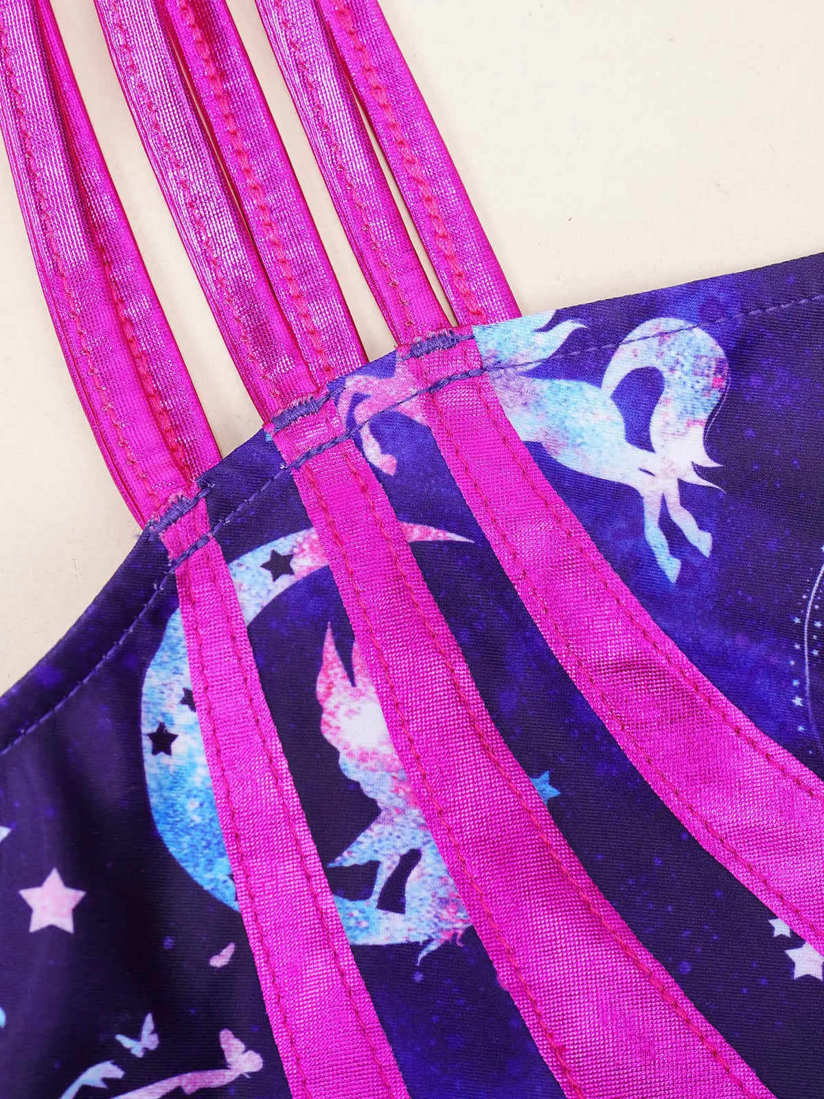 Kids Girls Gymnastics Swimsuit for Dancing Ballet Dancewear Metallic Shiny Leotard Print Asymmetrical Shoulder Strap Bodysuit