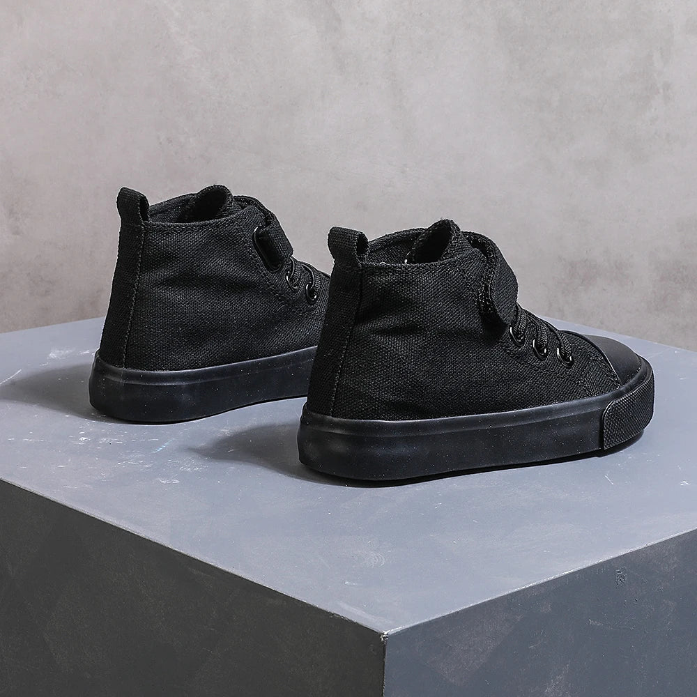COMFY KIDS Black High-Top Canvas Sneakers, Velcro Strap and Lace-up Shoes for Boys and Girls (Ages 3-12), Comfortable Sports Shoes for Outdoor Play and School