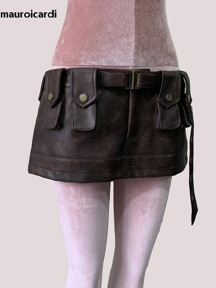 Spring Summer Brown Pu Leather Mini Skirt Women Three-dimensional Pockets Luxury Designer Vintage Emo Clothes Runway Fashion