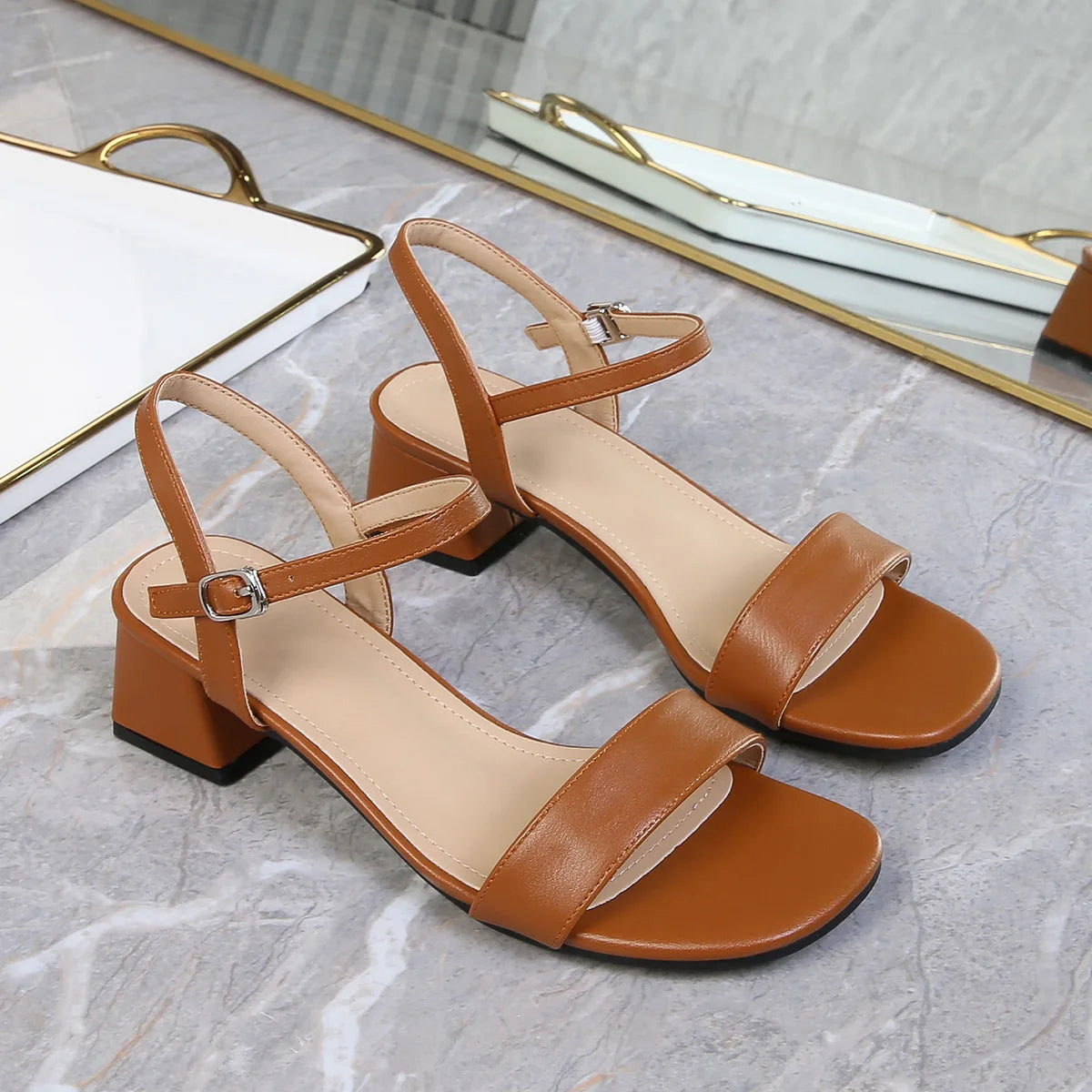 Sandals for Women Summer Fashion Soft Leather Chunky Sandals Round Head Open Anti-slip Wear-resistant High Heels Plus Size 44