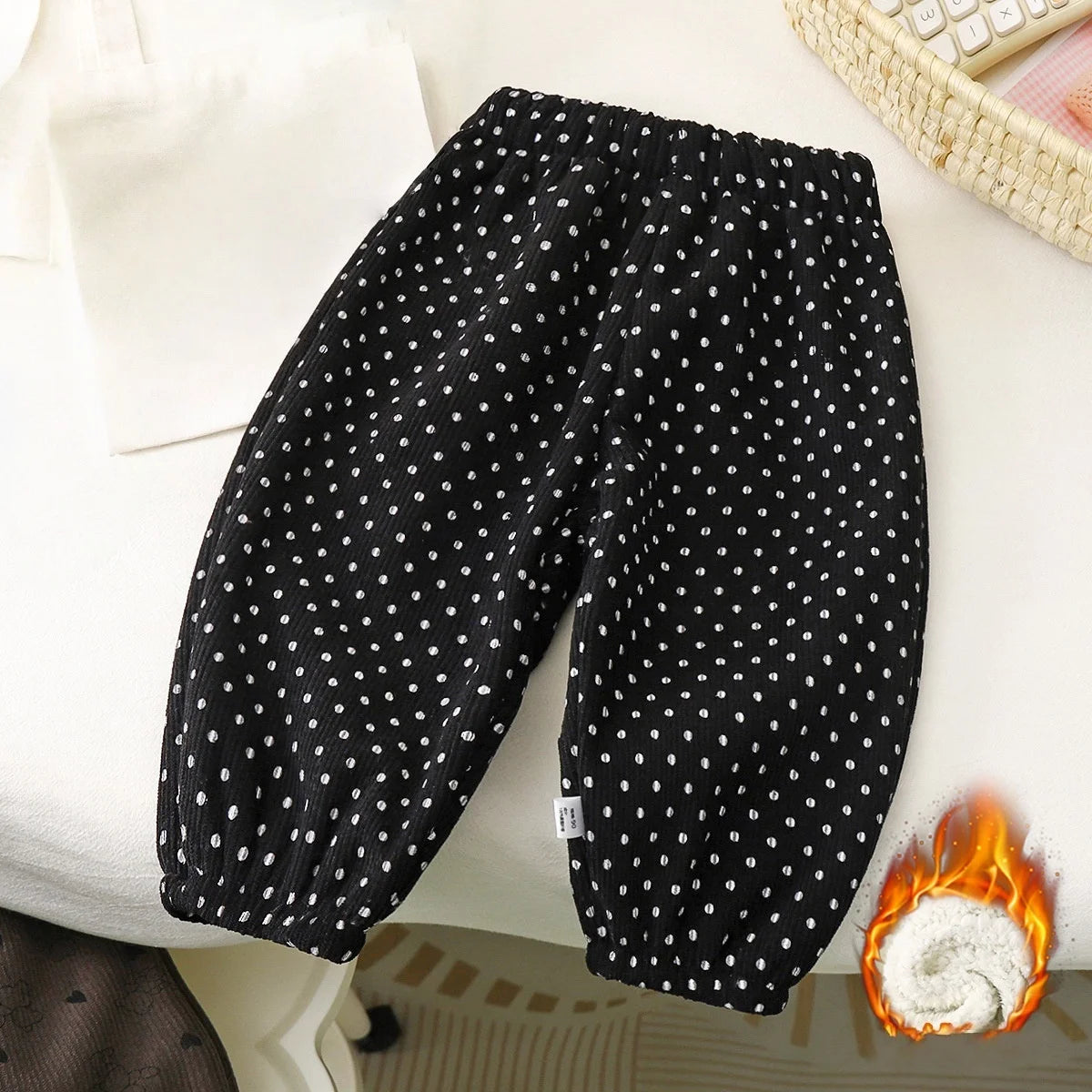 2026 Early Spring Fleece Lined Unisex Kids Pants Printed Toddler Boys Girls Trousers Retro Polka Dot Pattern Children's Clothes