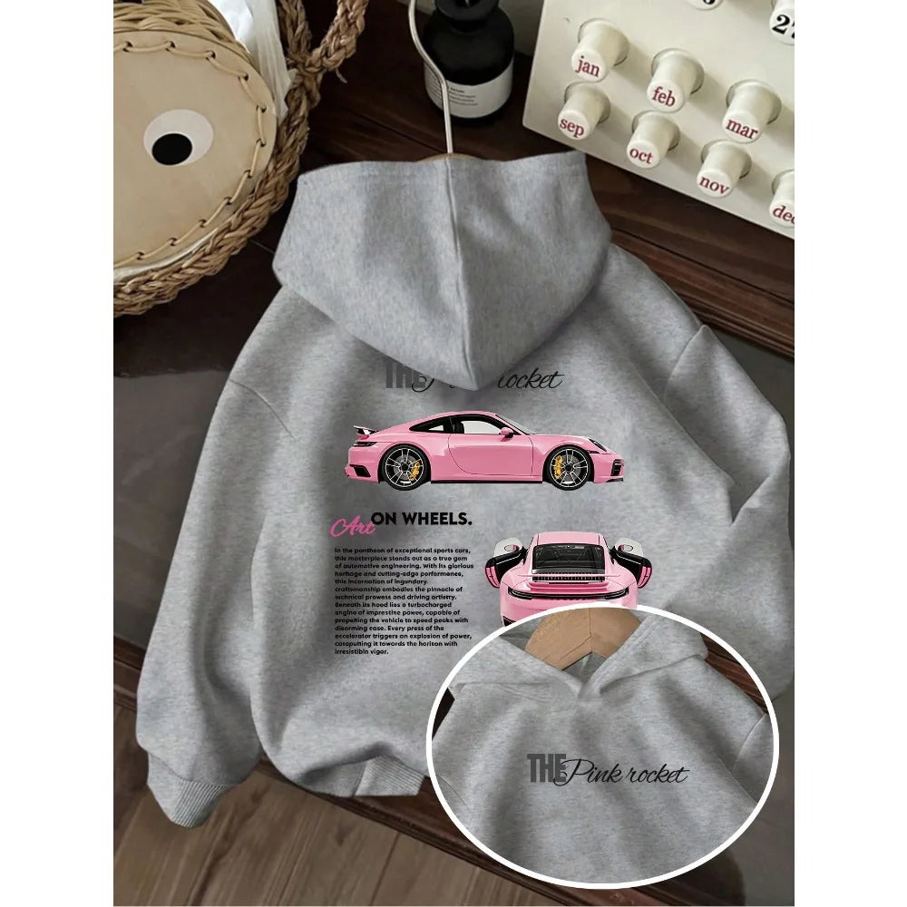 Kids Hoodie Pink Sports Car Print Long Sleeve Pullover Sweatshirt Boys Girls Casual Streetwear Children Hooded Tops