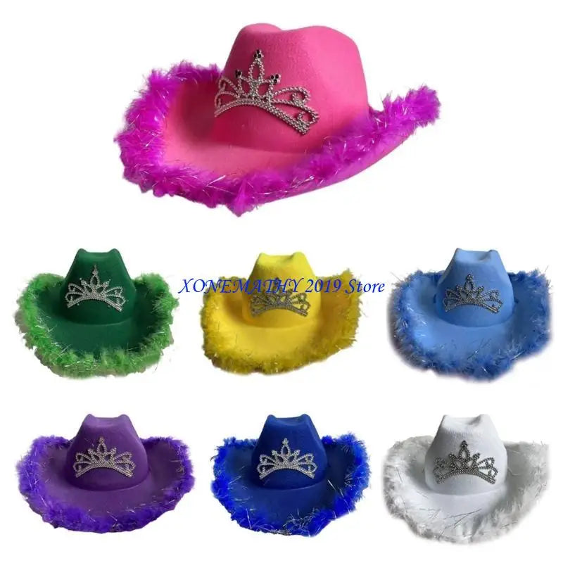 F42F Funny Party Hats Cowgirls Hat Furry Trims Ladies Western Hats for Womens Fedoras Western Cowgirls Hat Vintage