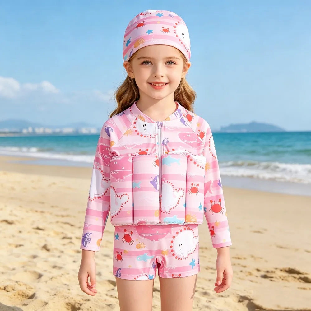 Children Swimming Training Swimwear Boys Girls Swimming Suit Detachable Floating Swimsuit Kids Buofancy Swimwear+Caps Suit