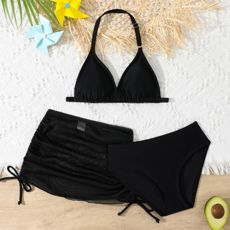 2025New Children's Bikini Swimsuit Cute Girls' Three-Piece Set with Chest Pad for Older Children