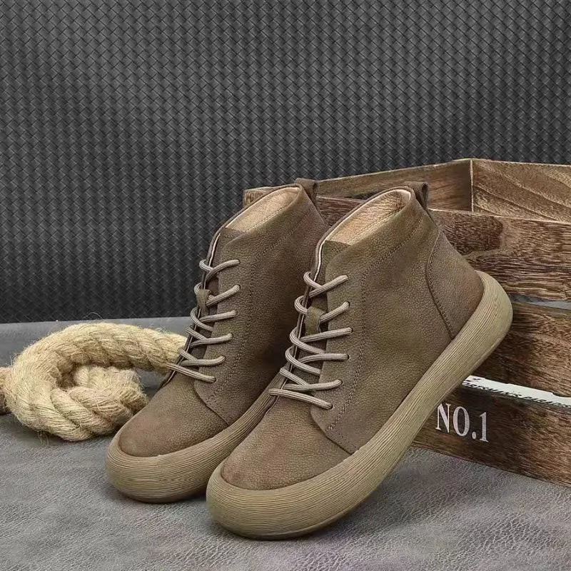2025 Autumn Men's Chelsea Boots Retro Men High-Top Leather Ankle Boots Outdoor Soft Sole Lace-Up Suede High-Quality Casual Shoes