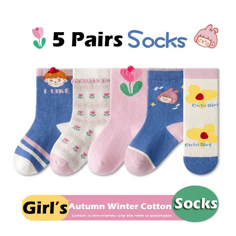Children Socks Spring Autumn Cotton Socks 5 Pairs Girls Fancy Lace Solid Socks Kids