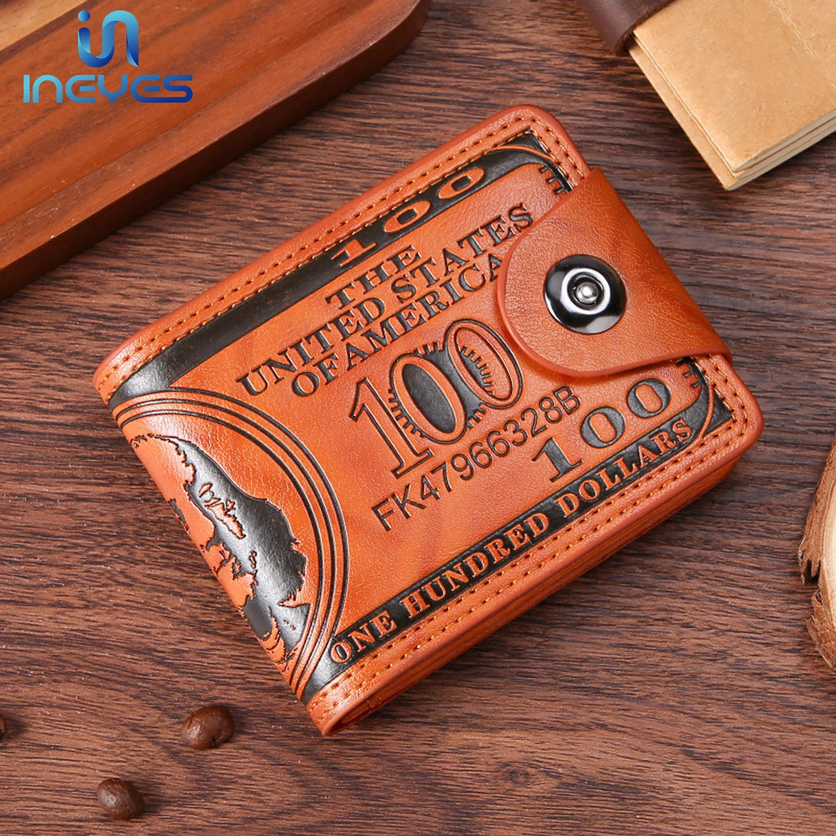 INEYES Men's Fashion Wallet Dollar Bill Design PU Leather Slim Bifold with Magnetic Closure &ID Window Front Pocket Money Holder