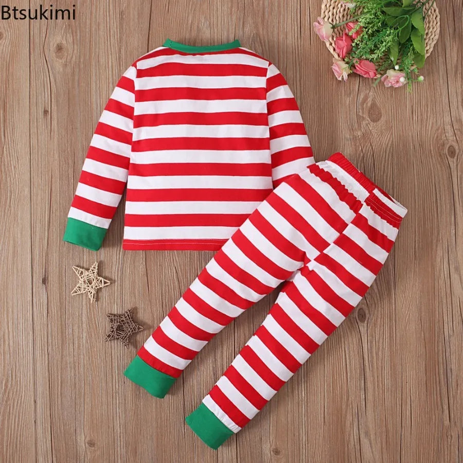 2026 Kids Christmas Cosplay Costume Long Sleeve Pants Pajamas Sets Boys Girls Striped Home Sleepwear 2 Pieces Children Xmas Look