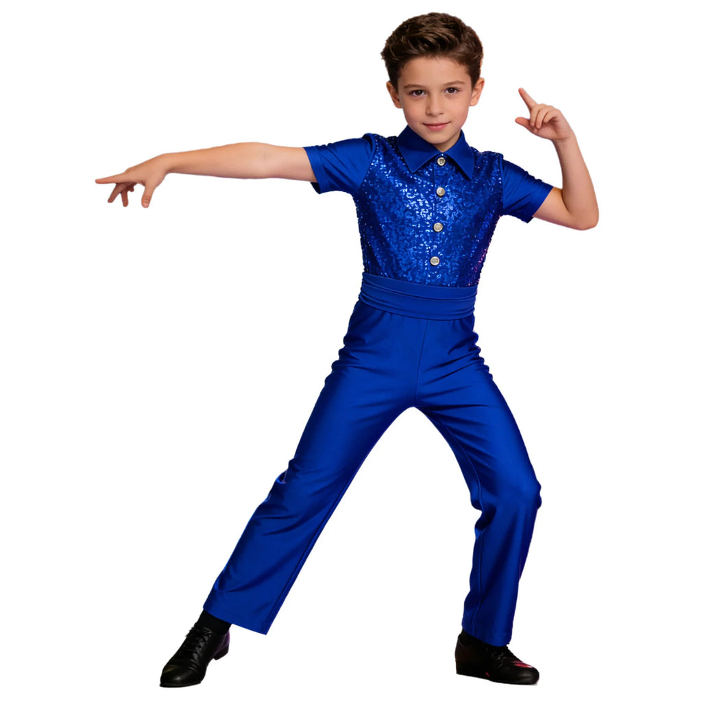 Kids Boys Ballroom Jersey Ballet Latin Jazz Dance Jumpsuit Sequins Long Pants Bodysuit 60s 70s Disco Stage Performance Clothes