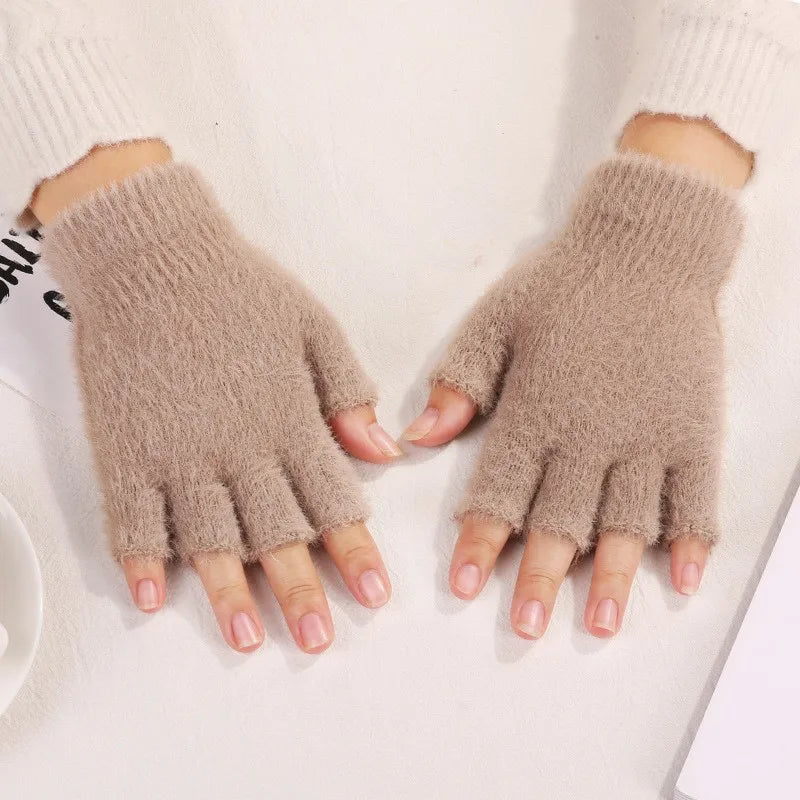 Fuzzy Gloves Women Winter Soft Warm Fashion Writing Gloves Office Typing Student Solid-Color Minimalist Ladies Half-Finger Glove