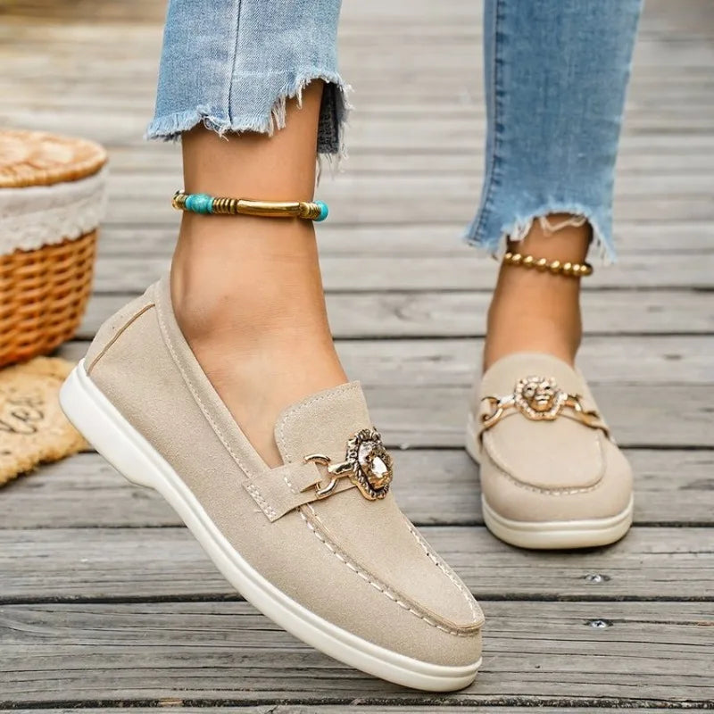 Women Loafers Casual Shoes Suede Flats Lion Head Metal Buckle Slip On Moccasins Ladies Comfortable Walking Driving Shoes New2026