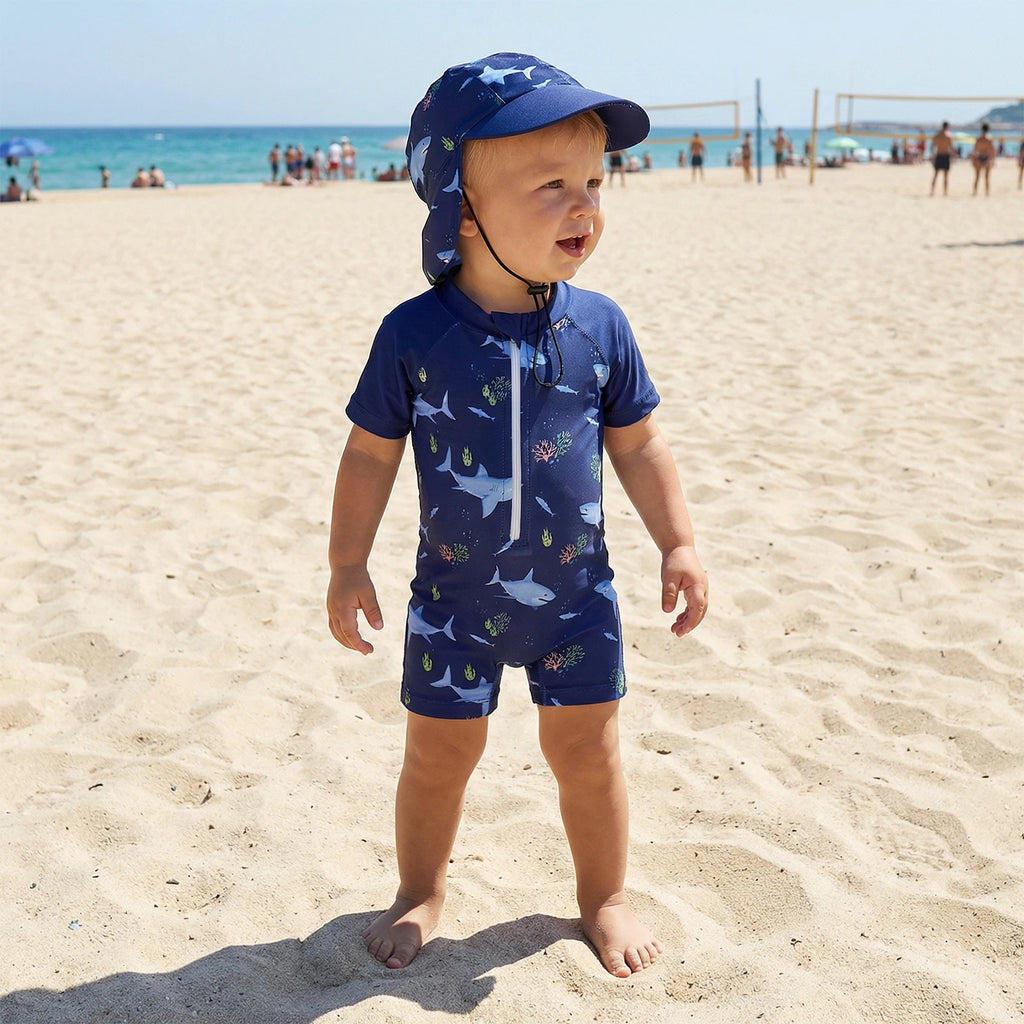 Toddler Boys Rash Guard Swimsuit Sea Animal/Tropical Plant Print Short Sleeves Mock Neck Zipper Romper Swimwear Cap Beachwear