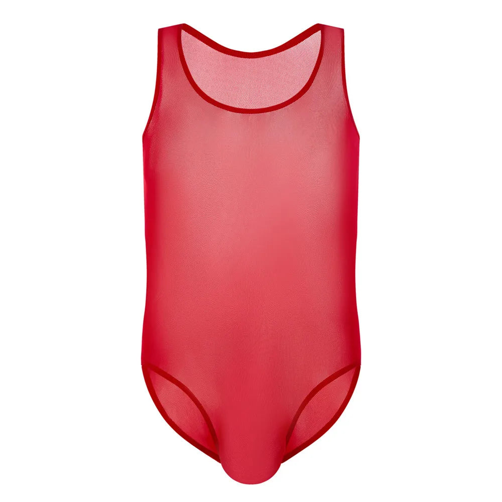 Sexy Mesh Sheer Onesies for Adults - Men Lounge Sleepwear Sissy Rompers Men Jumpsuit Sexy Sleeveless One-piece Pajamas Underwear