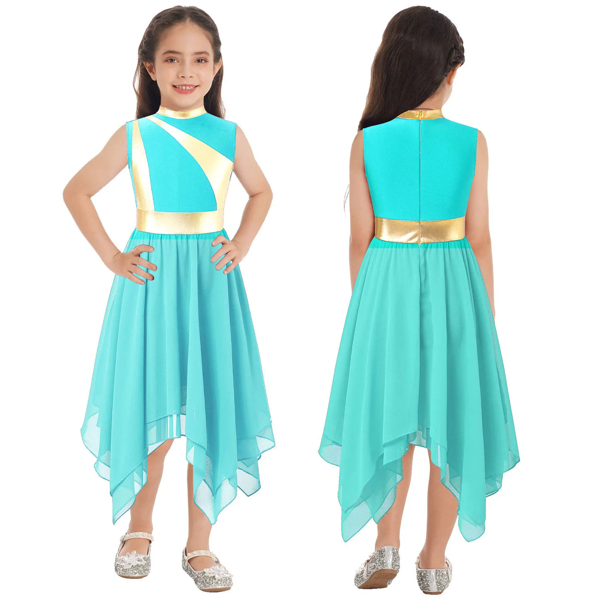 Kids Girls Modern Lyrical Dance Dress Liturgical Worship Praise Church Choir Robe Shiny Sequins Bodice Sheer Mesh Tunic Dresses
