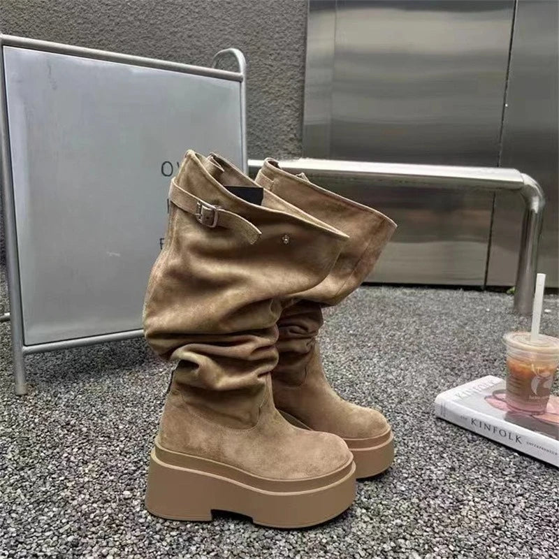 Women's Fashion Thick Heels Knee High Boots Khaki Flock Slip on Western Boots Woman Spring Autumn Soft Leather Short Botas Mujer