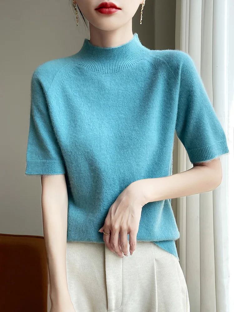 Short Sleeve Women Sweater Basics 30% Merino Wool Female Knitted Pullover Summer Clothing Tops Solid Casual Mock Neck T Shirts
