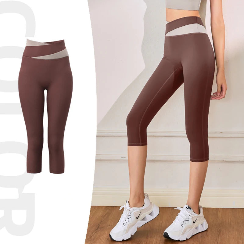 Women Sport Leggings High Waist Cropped Yoga Pants Running Capris Patchwork Color Crossover Gym Workout Tights Slim Sportswear