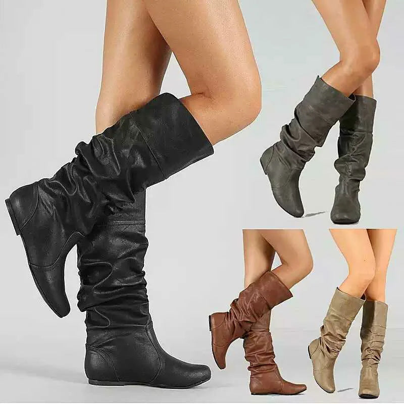 Women's Boots Fashion Designer Pleated Casual Leather Boots 2025New Women Knee High Boot Outdoor Non Slip Flat Boots Botas Mujer